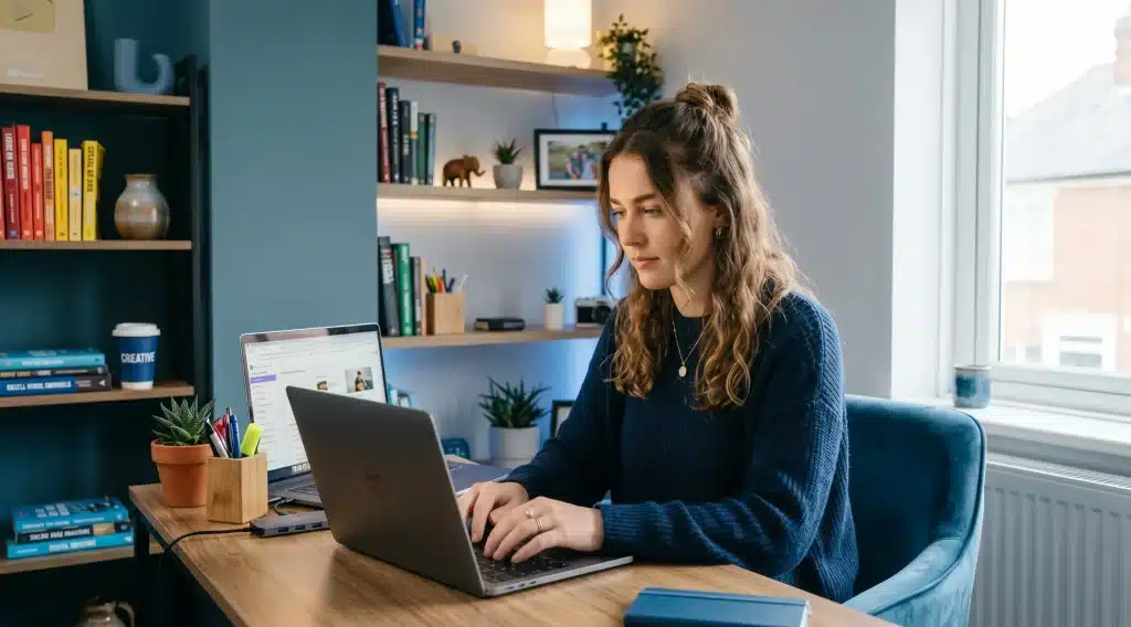 Une créatrice de contenu devant son ordinateur